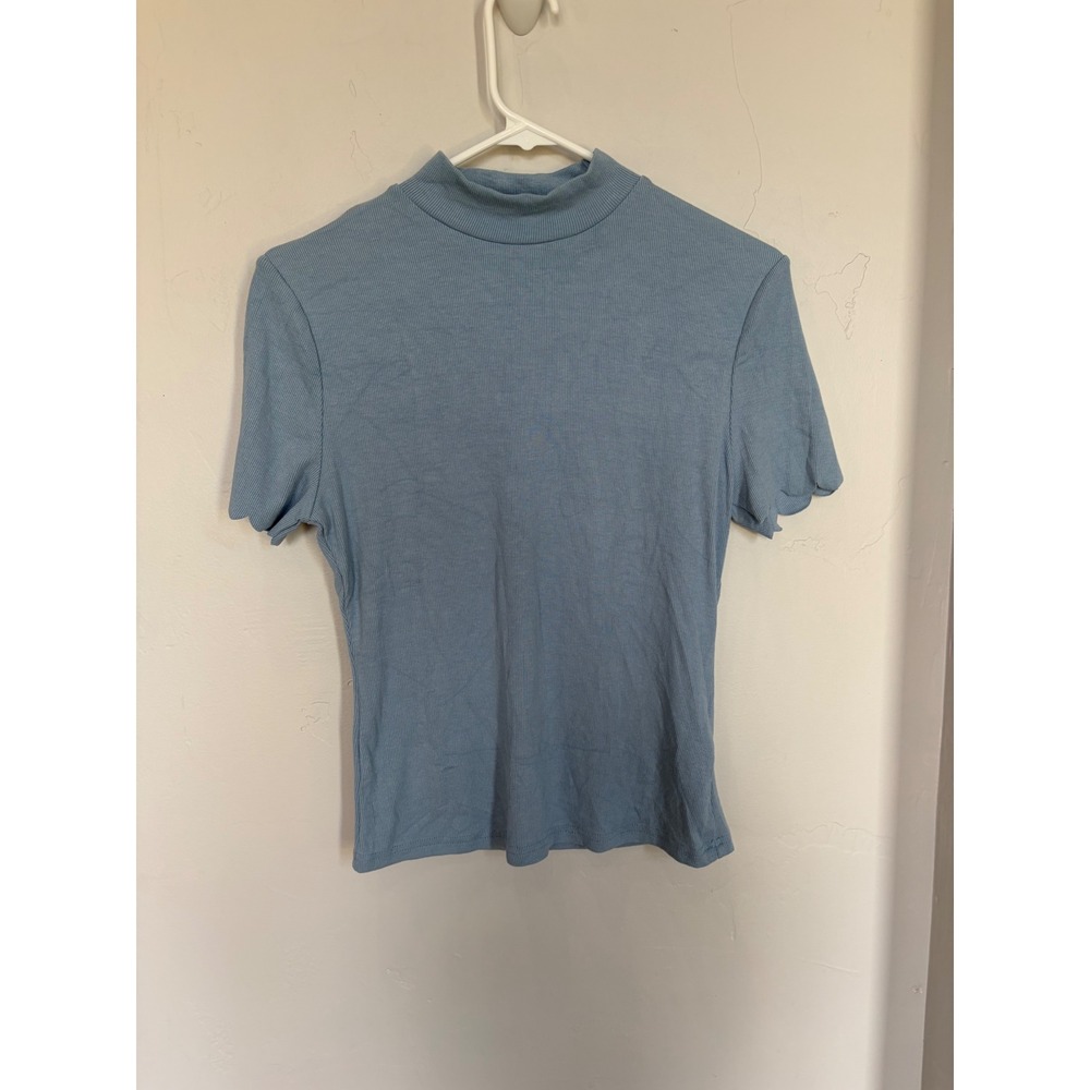 SweatyRocks Womens Blue Ribbed Mock Neck Scallop Trim Short Sleeve Top Size‎ S